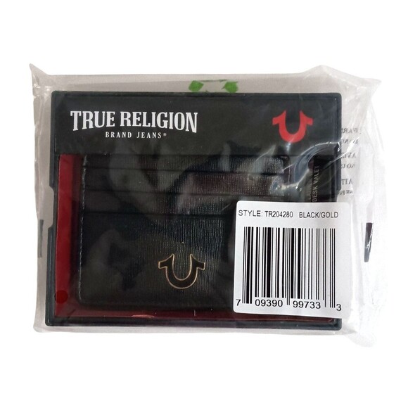 True Religion Mens Zoyla Leather Card Case Wallet in Black 4 inches x 3 inches - Picture 1 of 5